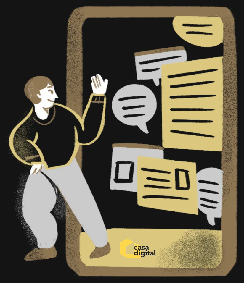 Ilustración del equipo de Casa Digital presentando una estrategia de marketing
